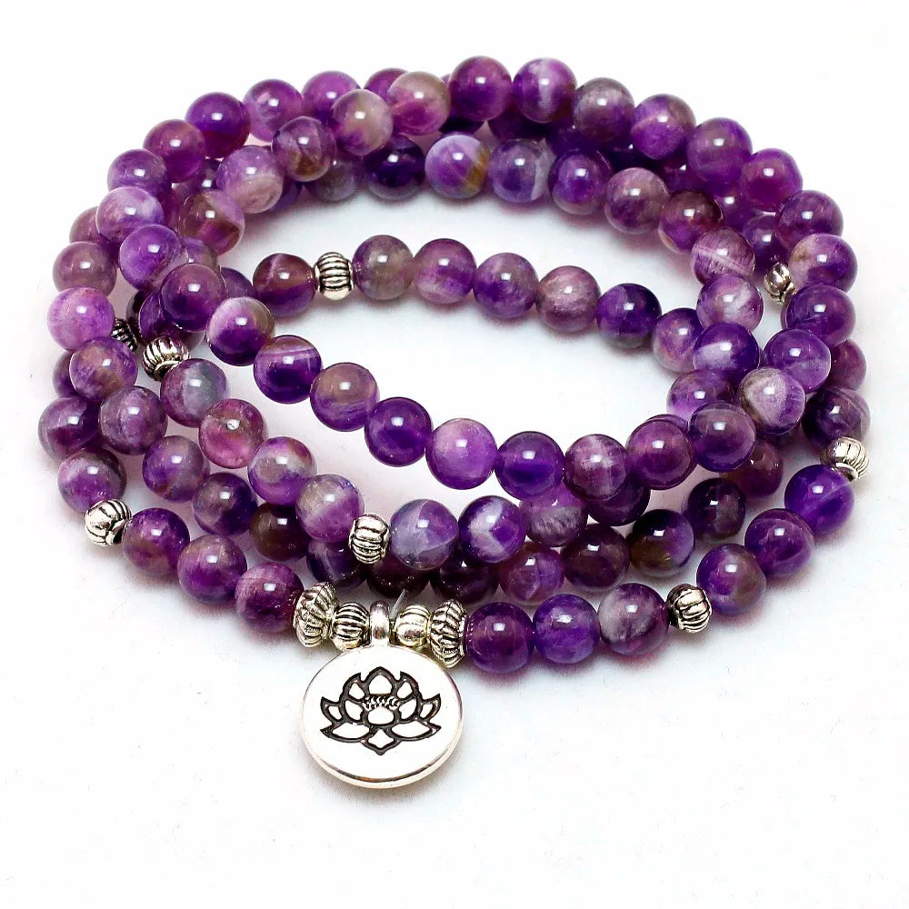 Natural Purple Crystal Chakra 108 Buddha Mala Bracelet or Necklace Yoga Mala Stone Bracelet for Women Lotus Jewelry